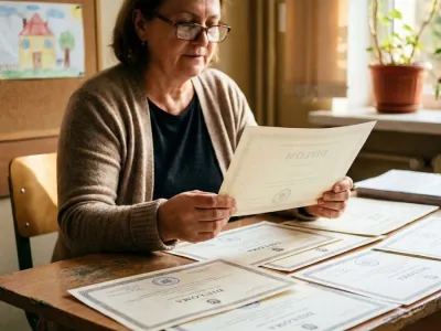 Professionele kinderopvangmedewerker bekijkt onderwijscertificaten aan bureau in klaslokaal met kindertekening op achtergrond