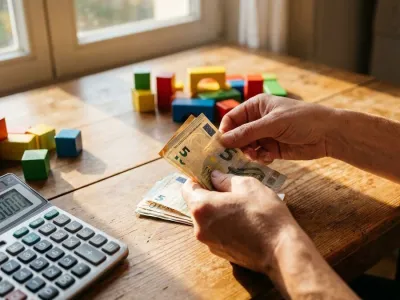 Ouder telt eurobiljetten op keukentafel met rekenmachine en kinderspeelgoed, zonlicht door raam