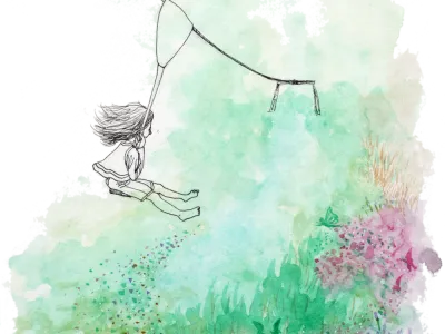 Een aquarel van een meisje die in een kabelbaan zit. Vogel vrij bij Atelierkinderen, atelier Verda.