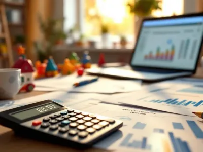 Rekenmachine met opstartkosten op bureau met financiële documenten, laptop en kinderspeelgoed in thuiskantoor