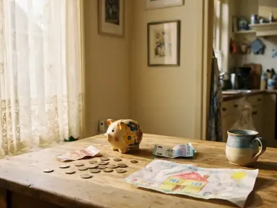 Houten keukentafel met euromunten en biljetten naast spaarvarken, kindertekening van huis en dampende koffiemok in gezellig Nederlands interieur