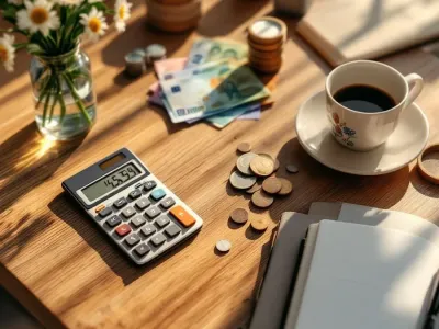 Rekenmachine en eurobiljetten op keukentafel met notitieboek, koffie en bloemen in natuurlijk licht