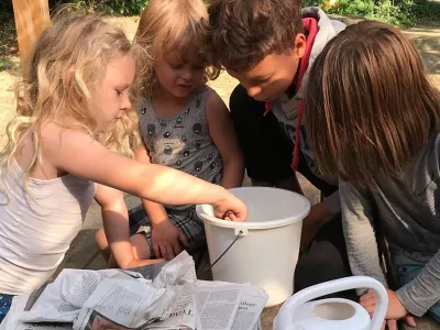 studenten kijken samen in een emmer met kikkervisjes